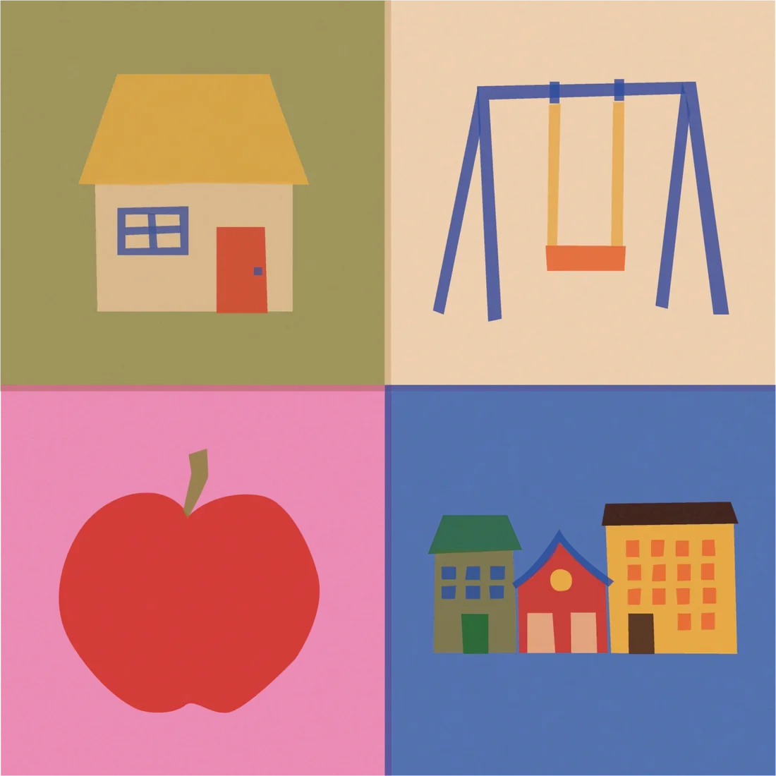 Cut-paper illustrations: a house, a swing set, an apple, and a row of townhomes